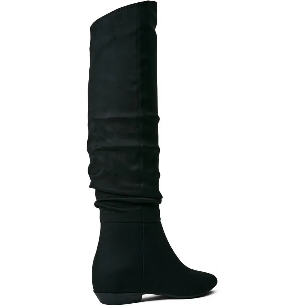 Women's Black Suede Thigh High Boots Faux Leather Chunky Heel Over The Knee Boot